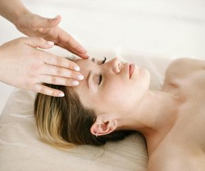 Close-up of a calm face with eyes closed.